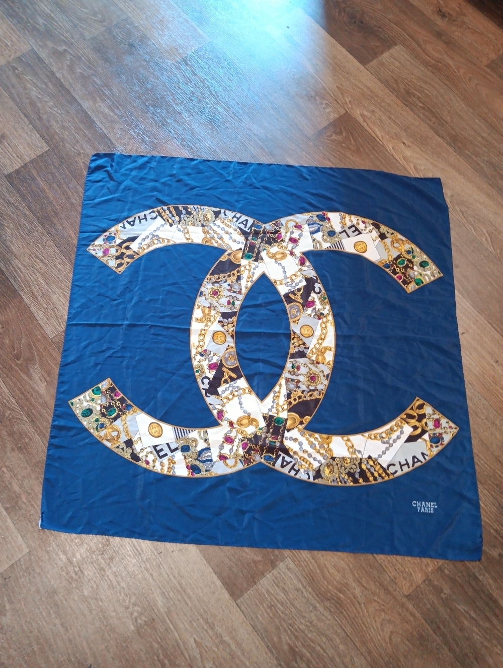 Vintage 90s Chanel Blue Silk Logo Scarf Authentic & Chanel Scarf